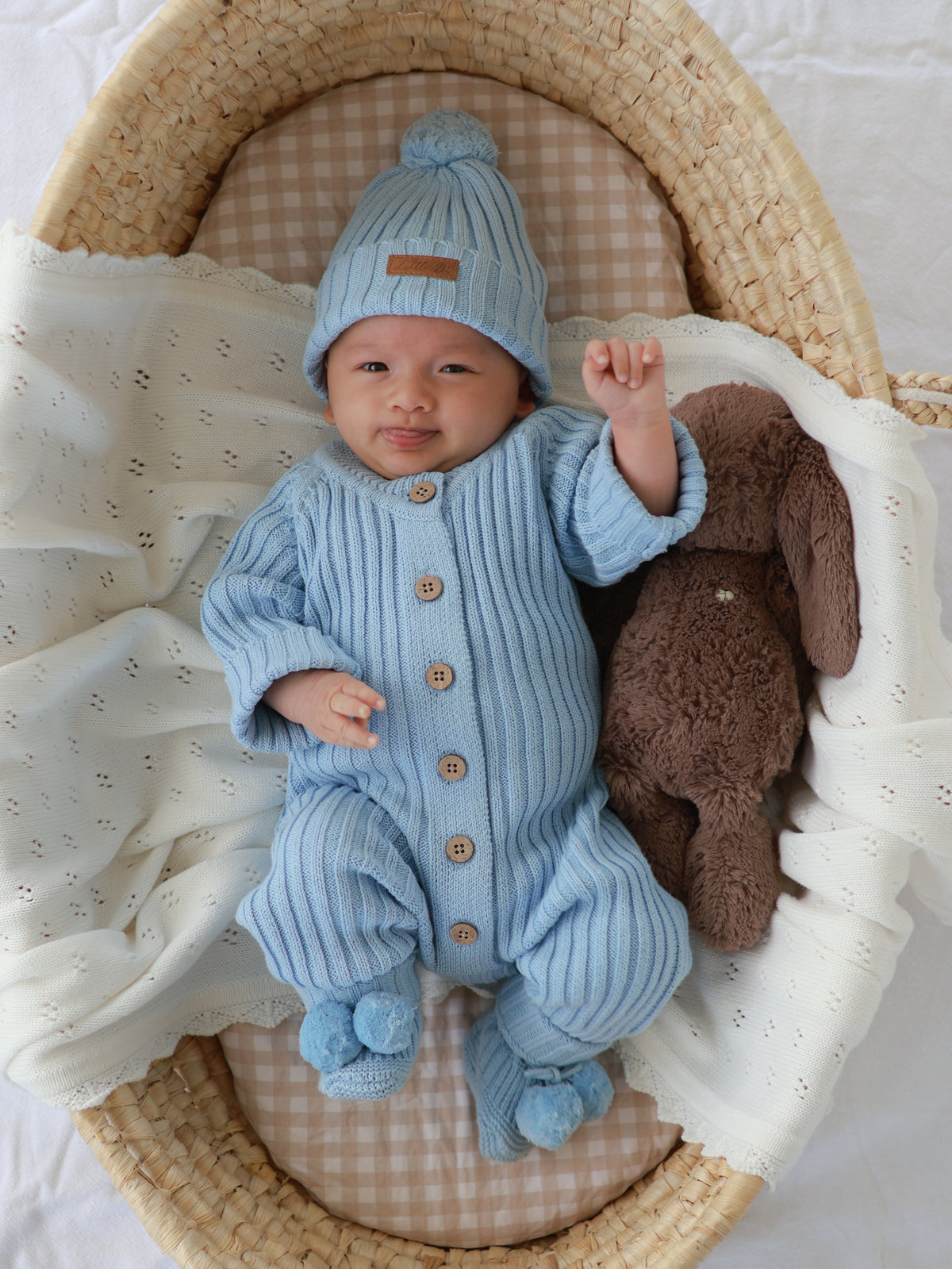 Knitted Cotton Ribbed Romper - Blue