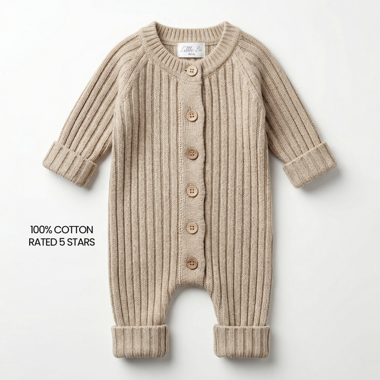 Knitted Cotton Ribbed Romper - Oak