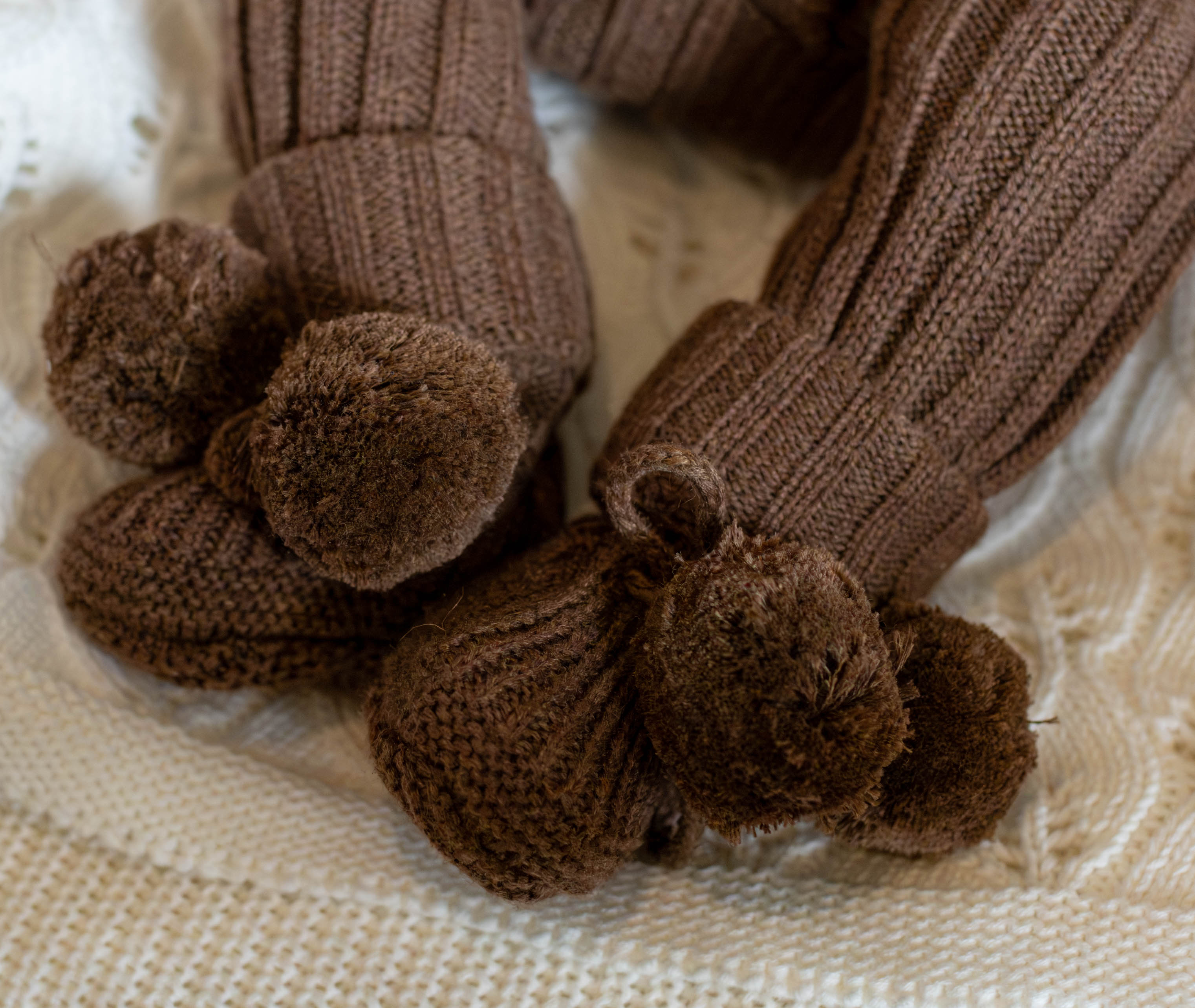 Knitted Pom Pom Booties - Chocolate