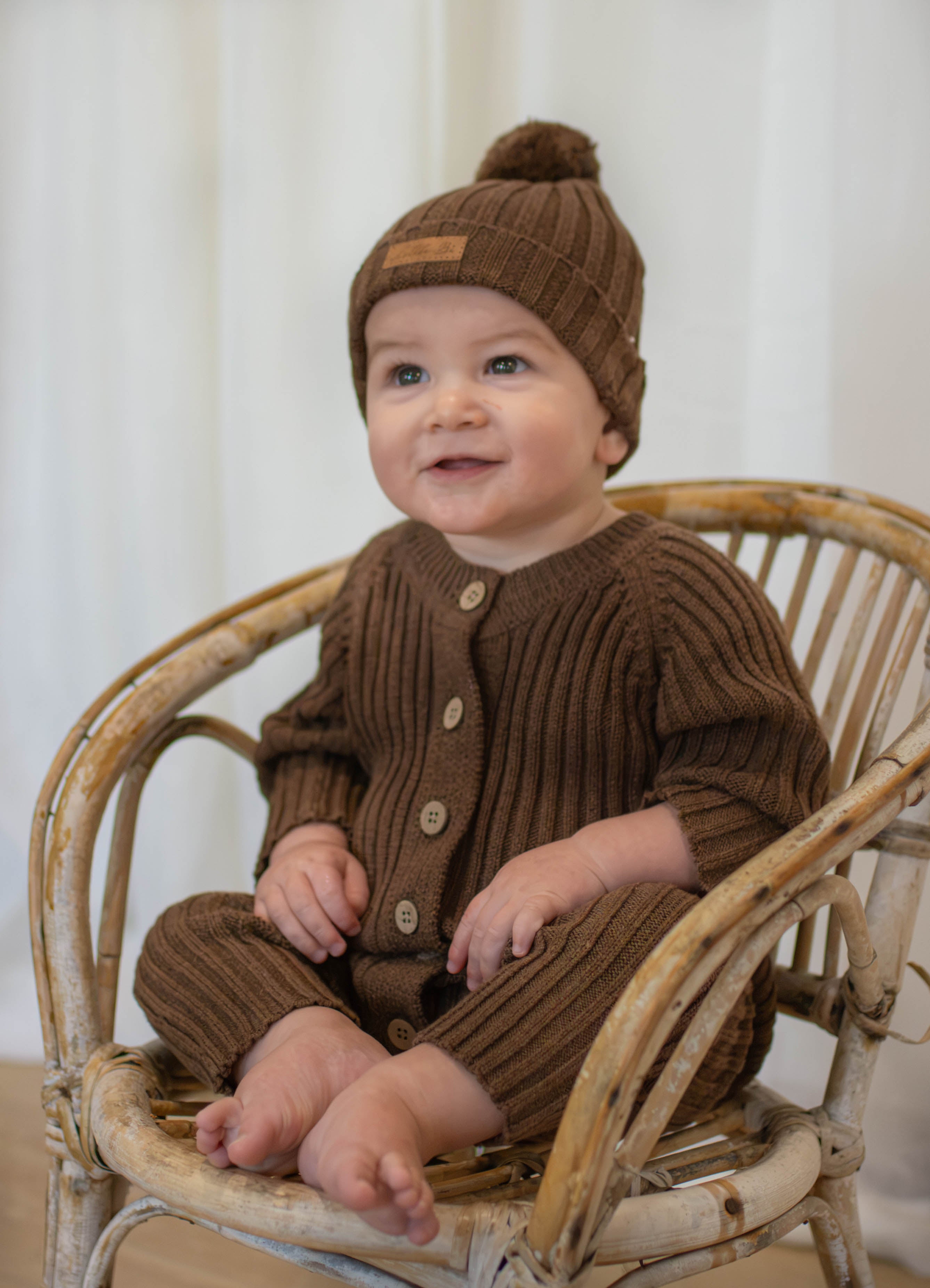 Knitted Cotton Ribbed Romper - Chocolate