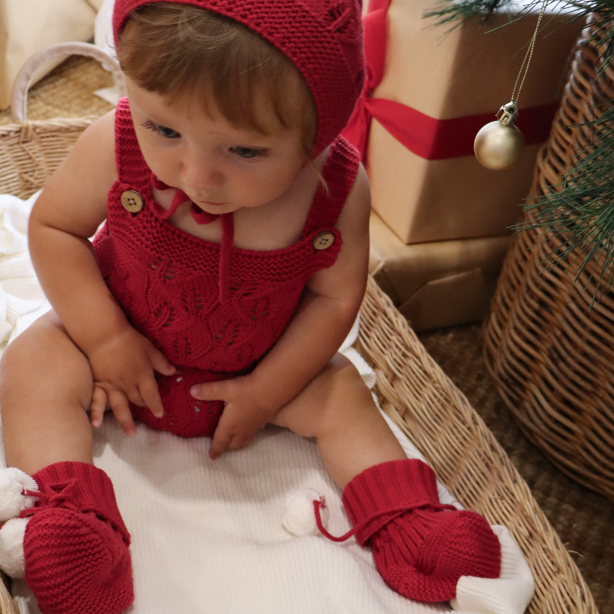 Knitted Cotton Sleeveless Woodlands Romper - Red