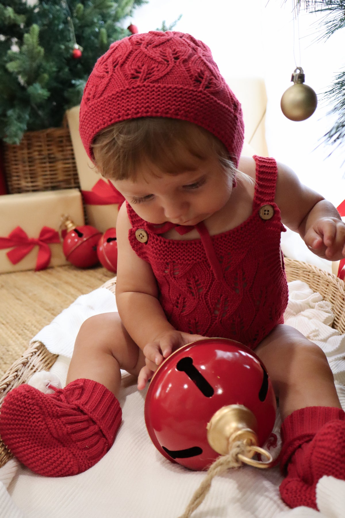 Knitted Cotton Woodlands Bonnet - Red