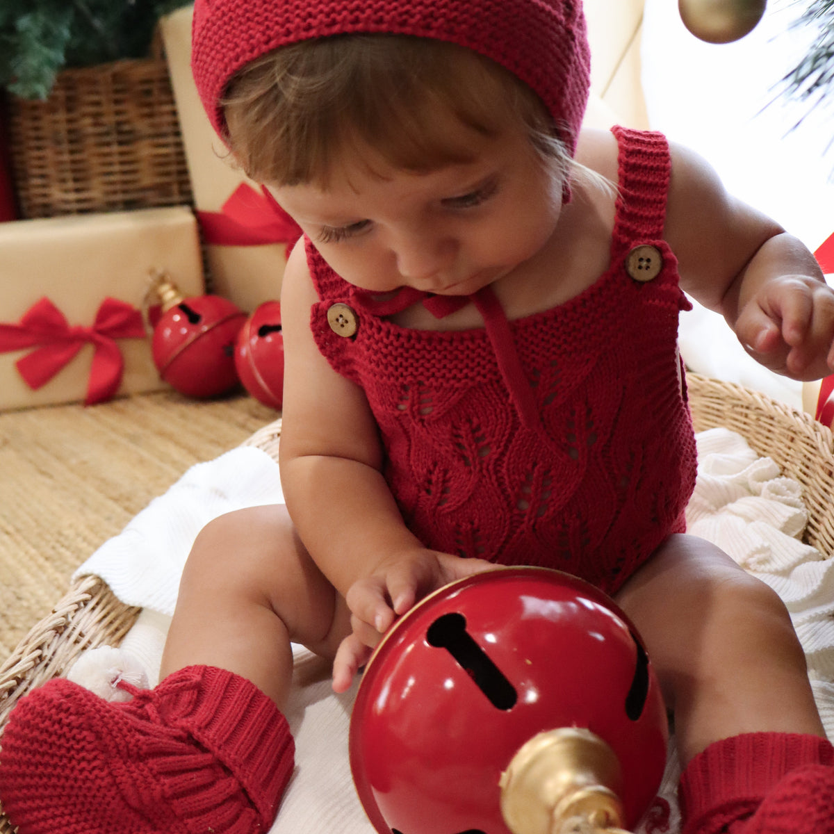 Knitted Cotton Sleeveless Woodlands Romper - Red