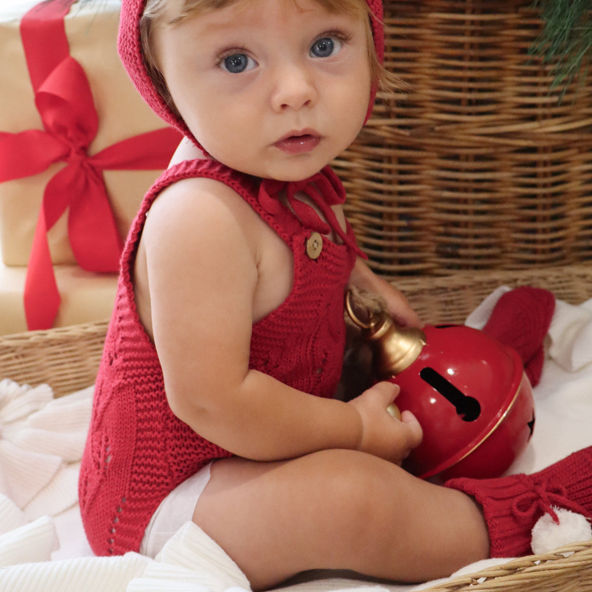 Knitted Cotton Sleeveless Woodlands Romper - Red