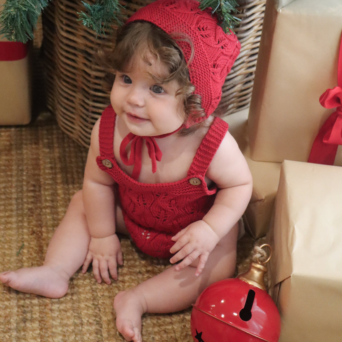 Knitted Cotton Sleeveless Woodlands Romper - Red