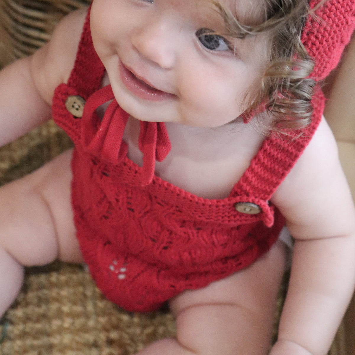 Knitted Cotton Sleeveless Woodlands Romper - Red