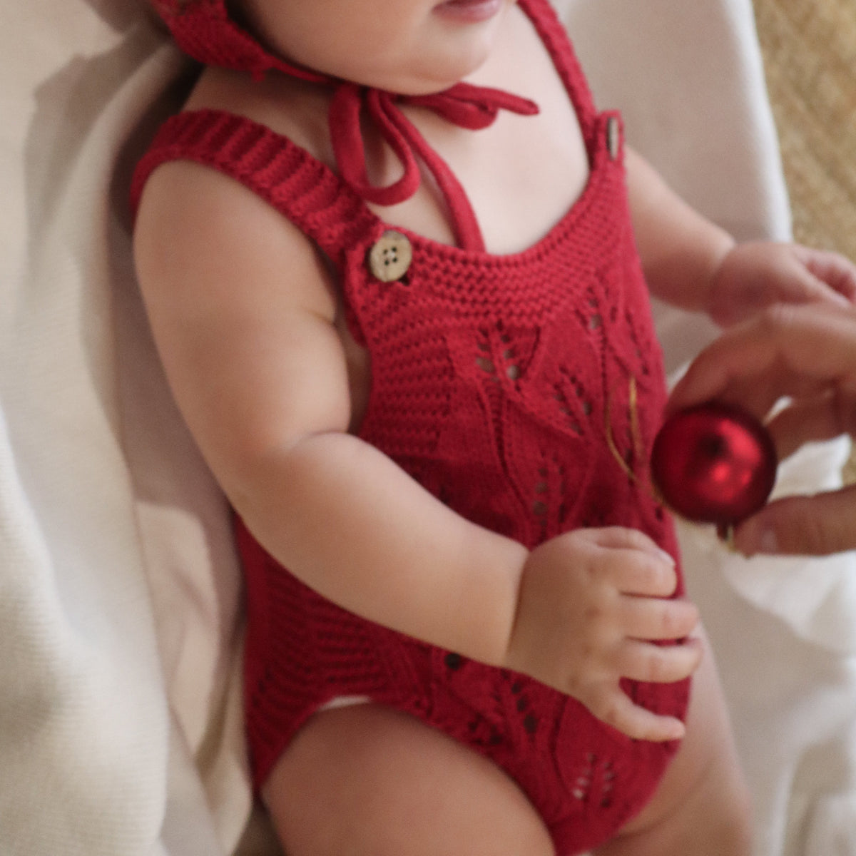 Knitted Cotton Sleeveless Woodlands Romper - Red