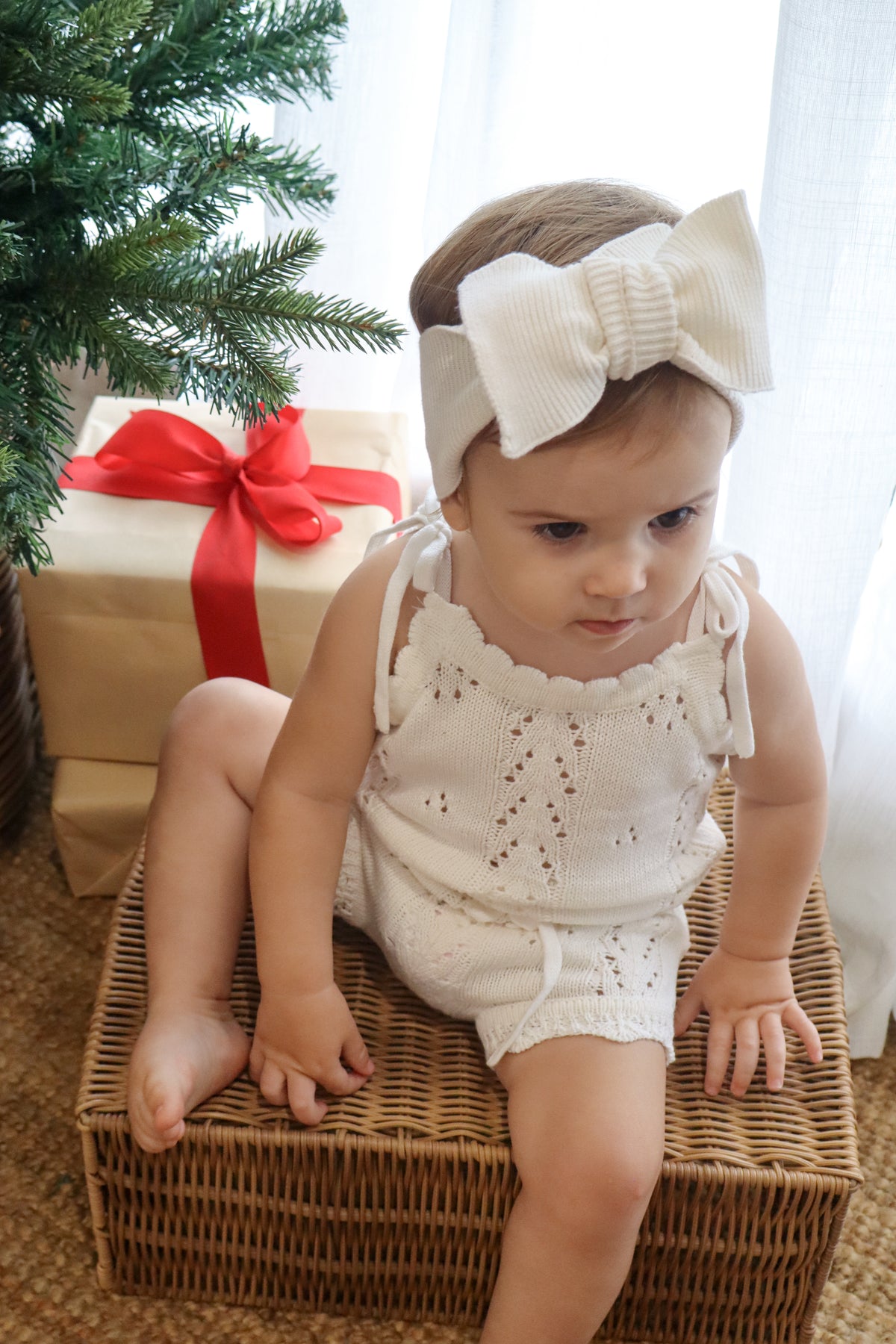 Knitted Cotton Fine Rib Bow - Milk