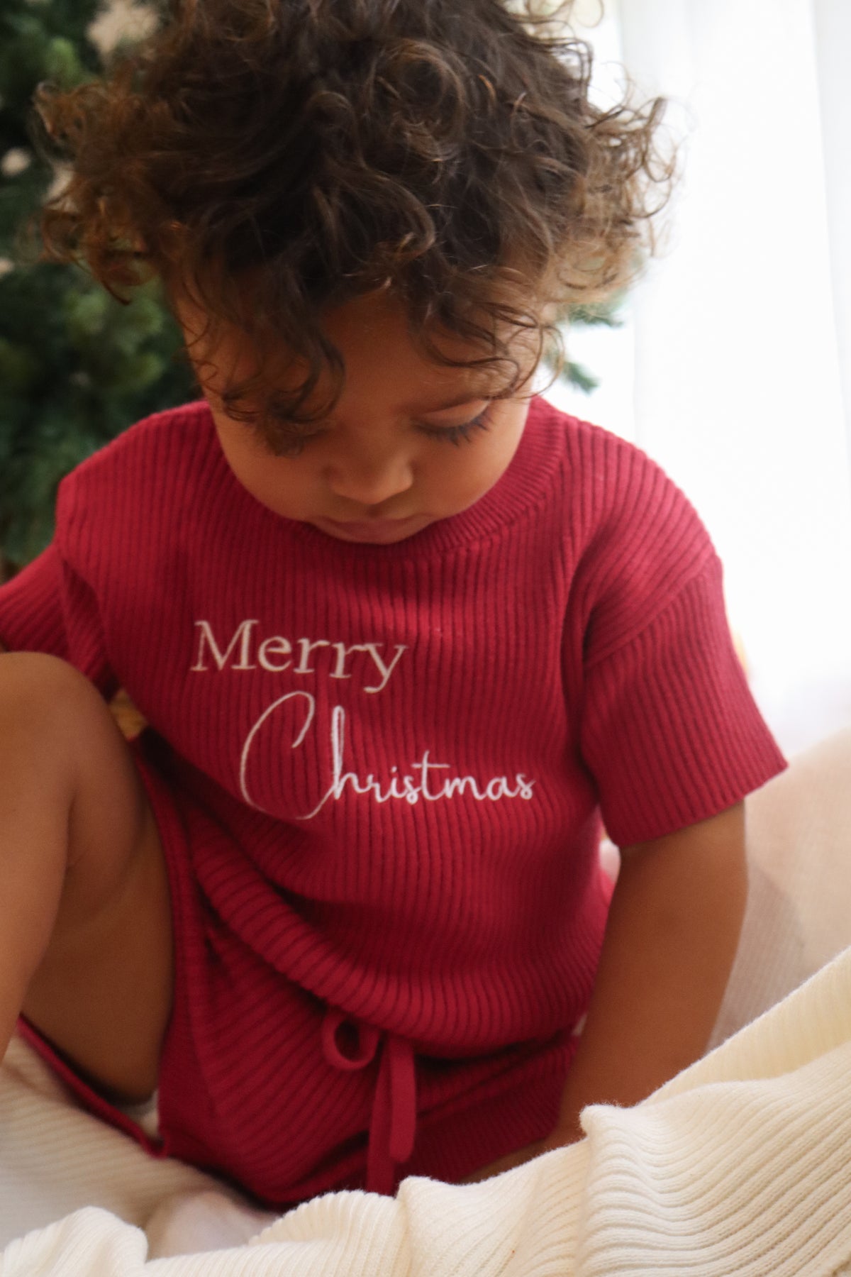 My First Christmas - Fine Rib Shirt and Shorts Set - Red