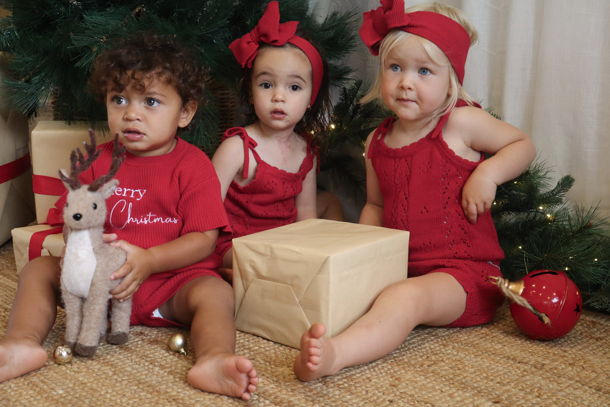 Knitted Cotton Pointelle Set – Red