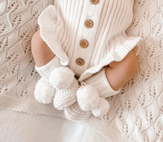Knitted Cotton Ribbed Ruffle Romper - Milk