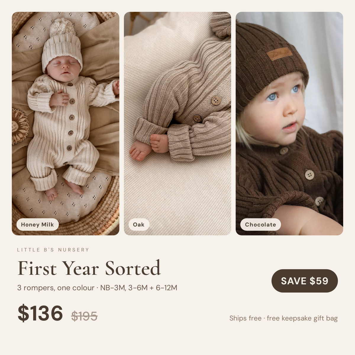 First Year Romper Trio | NB–3M, 3–6M & 6–12M - bundle overview
