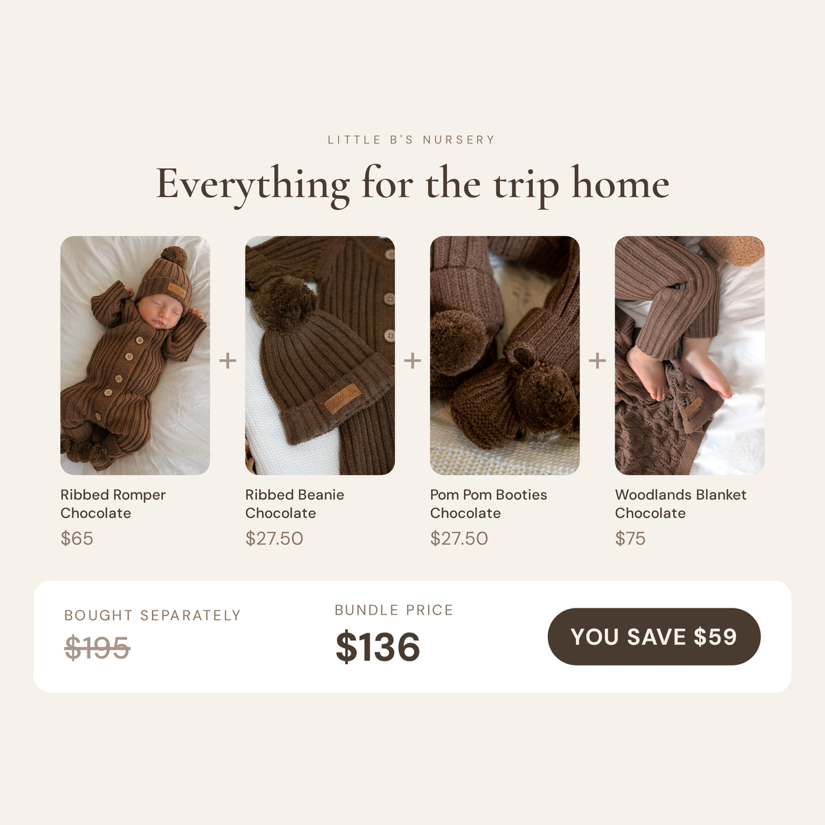 Chocolate Hospital Bag Set | Romper, Beanie, Booties & Blanket - bundle contents and savings