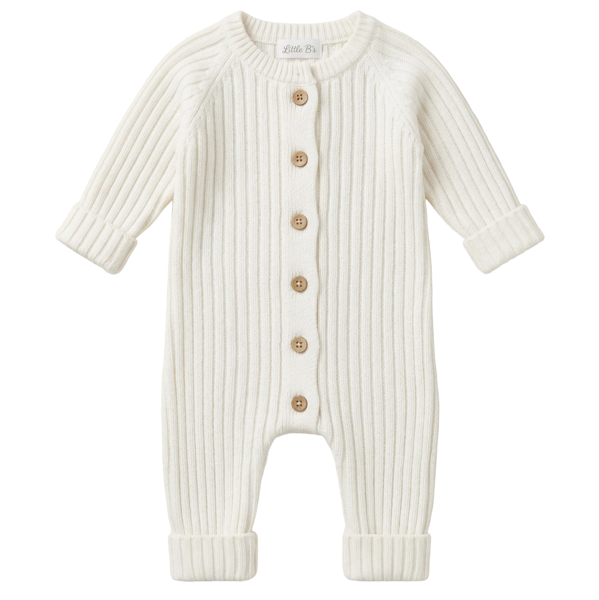 Little B's Knitted Cotton Ribbed Romper in Milk, with wooden buttons down the front