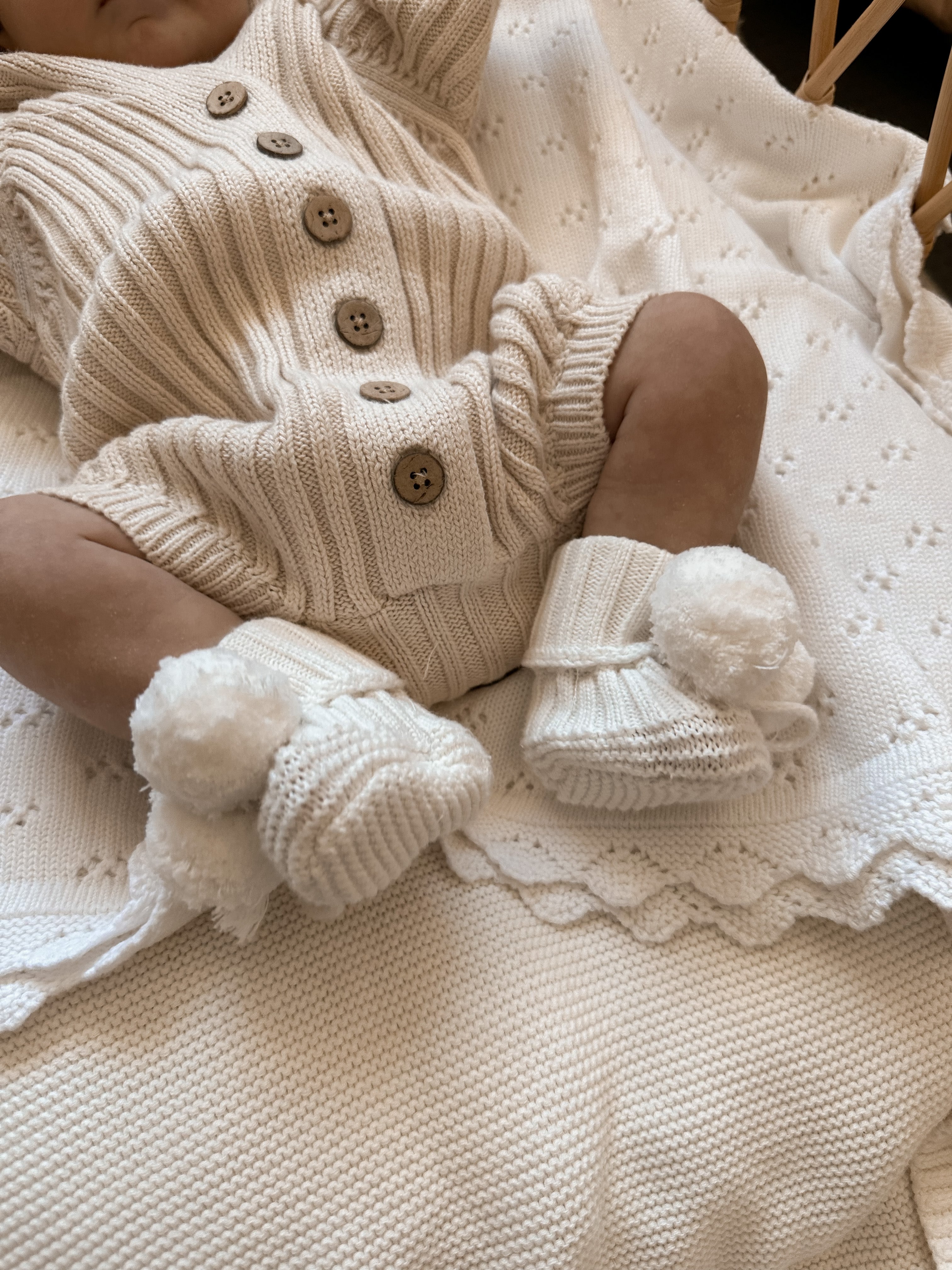 Knitted Pom Pom Booties - Milk