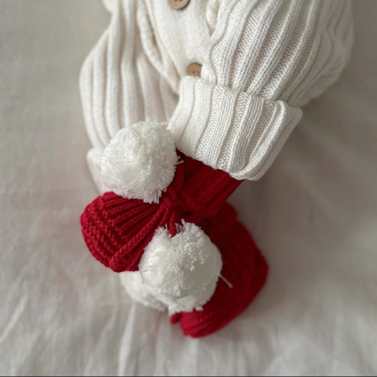 Little B's Knitted Cotton Classic Christmas Beanie - Red with white pom poms