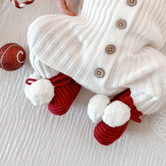 Knitted Pom Pom Booties - Red