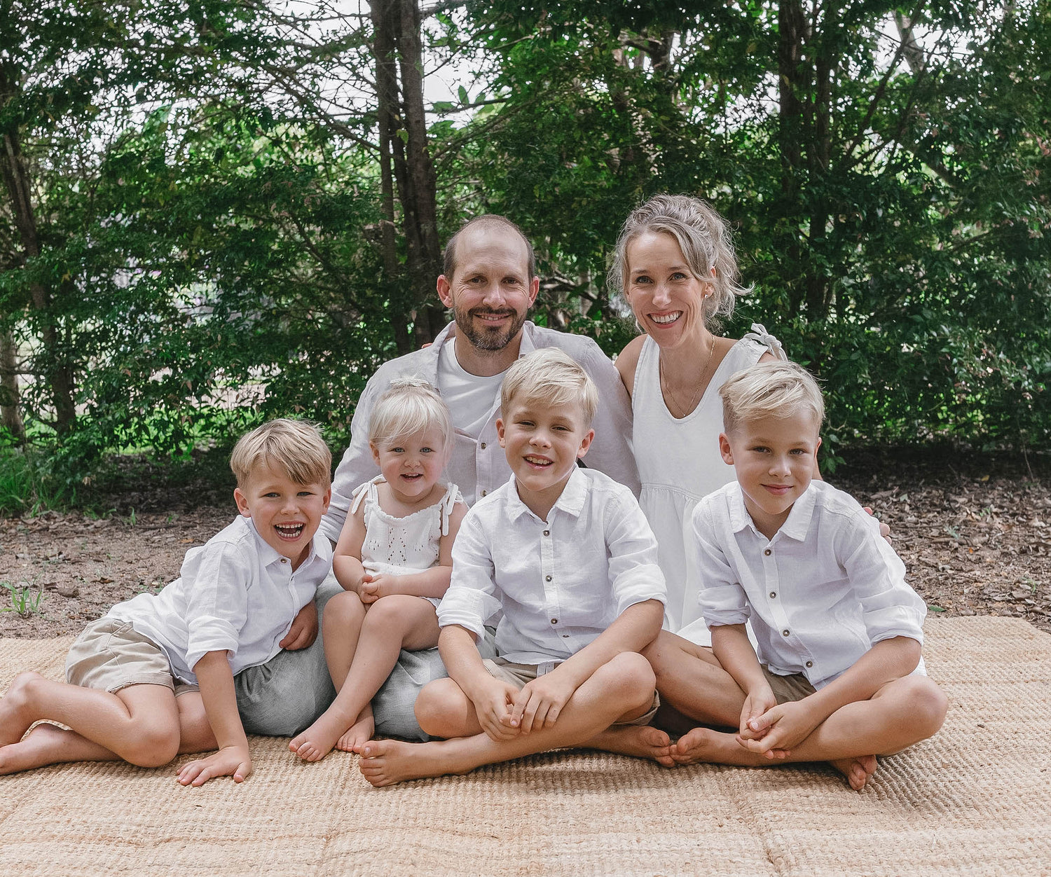 Family of five sitting on a blanket outdoors with trees in the background