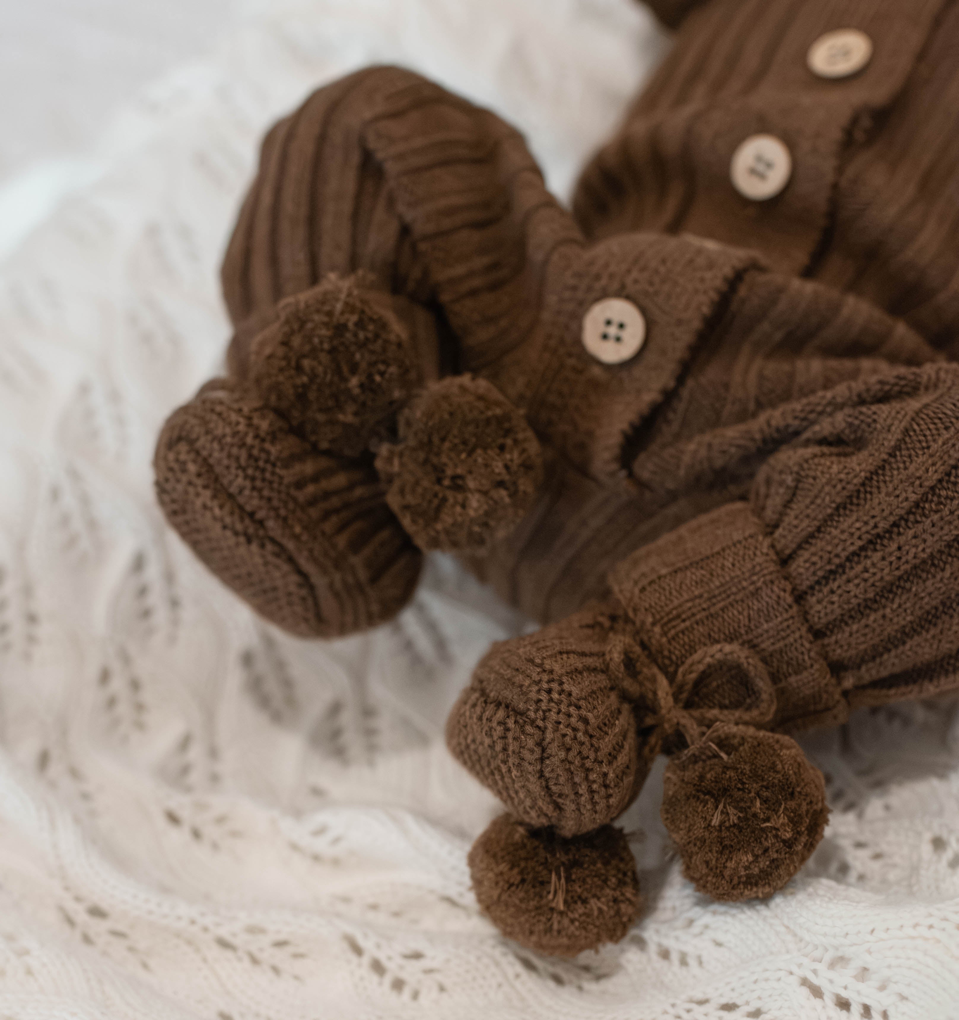 Knitted Pom Pom Booties - Chocolate