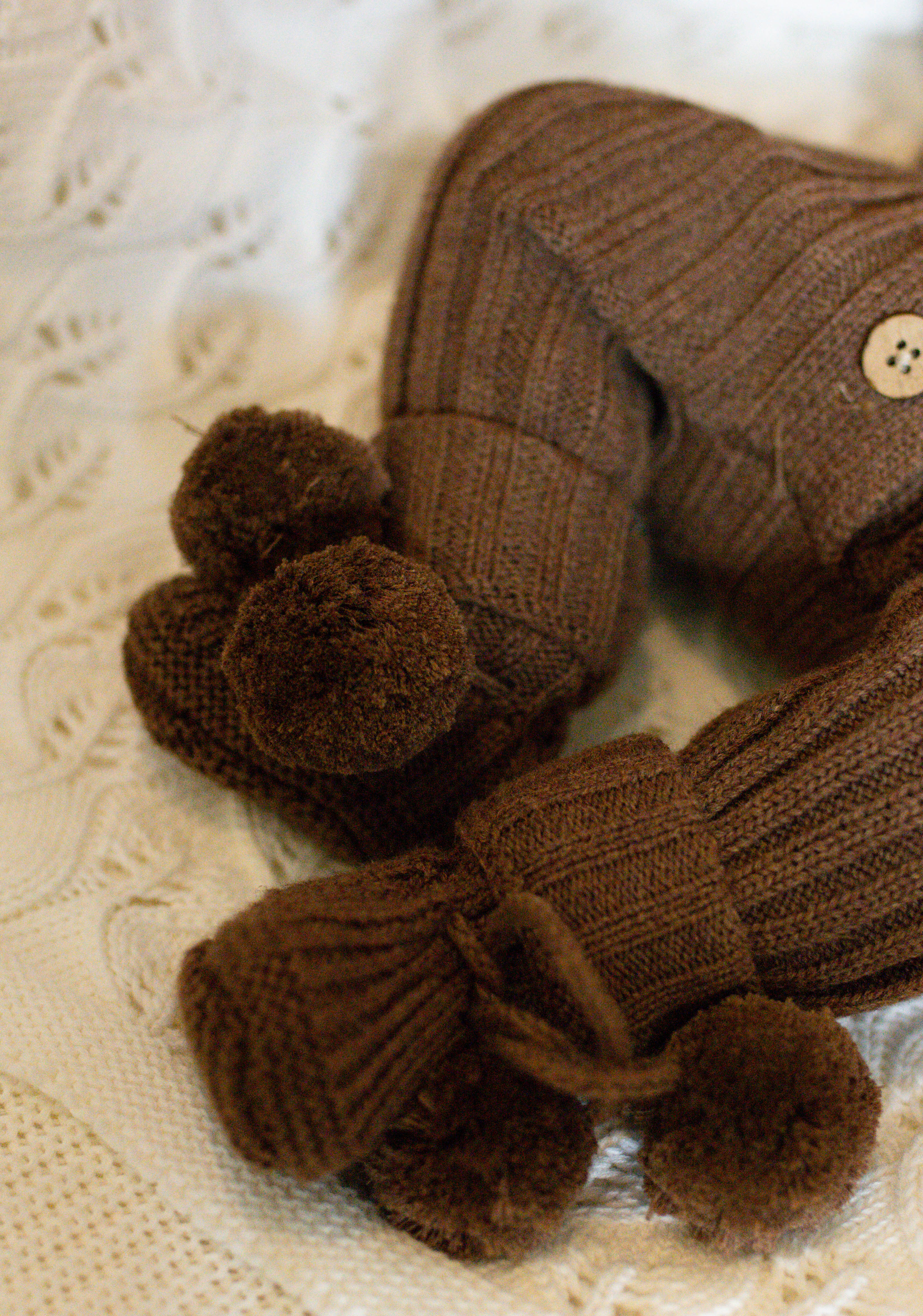 Knitted Pom Pom Booties - Chocolate