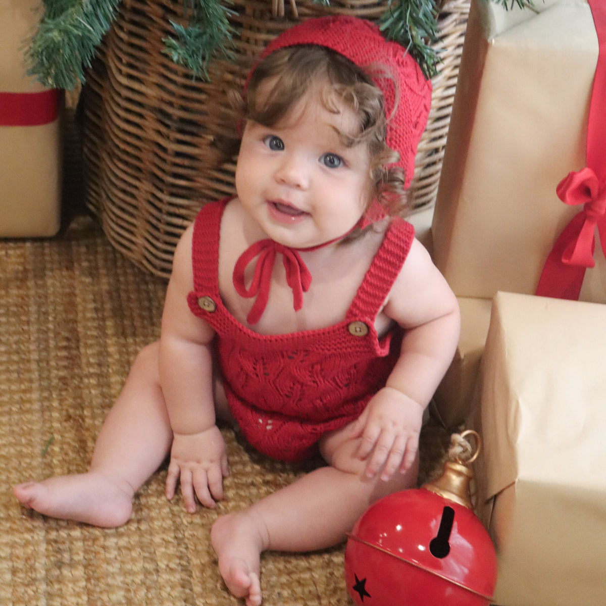 Knitted Cotton Sleeveless Woodlands Romper - Red