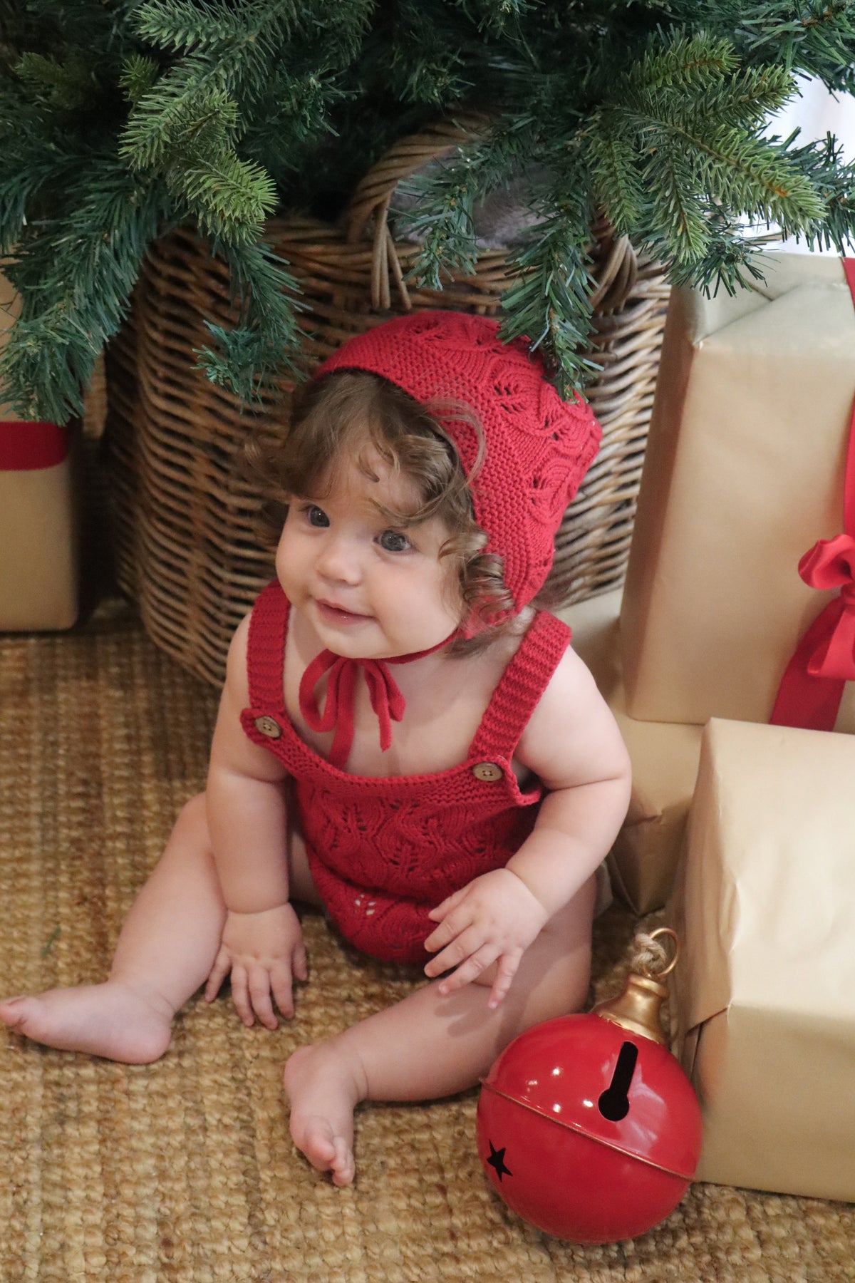 Knitted Cotton Woodlands Bonnet - Red