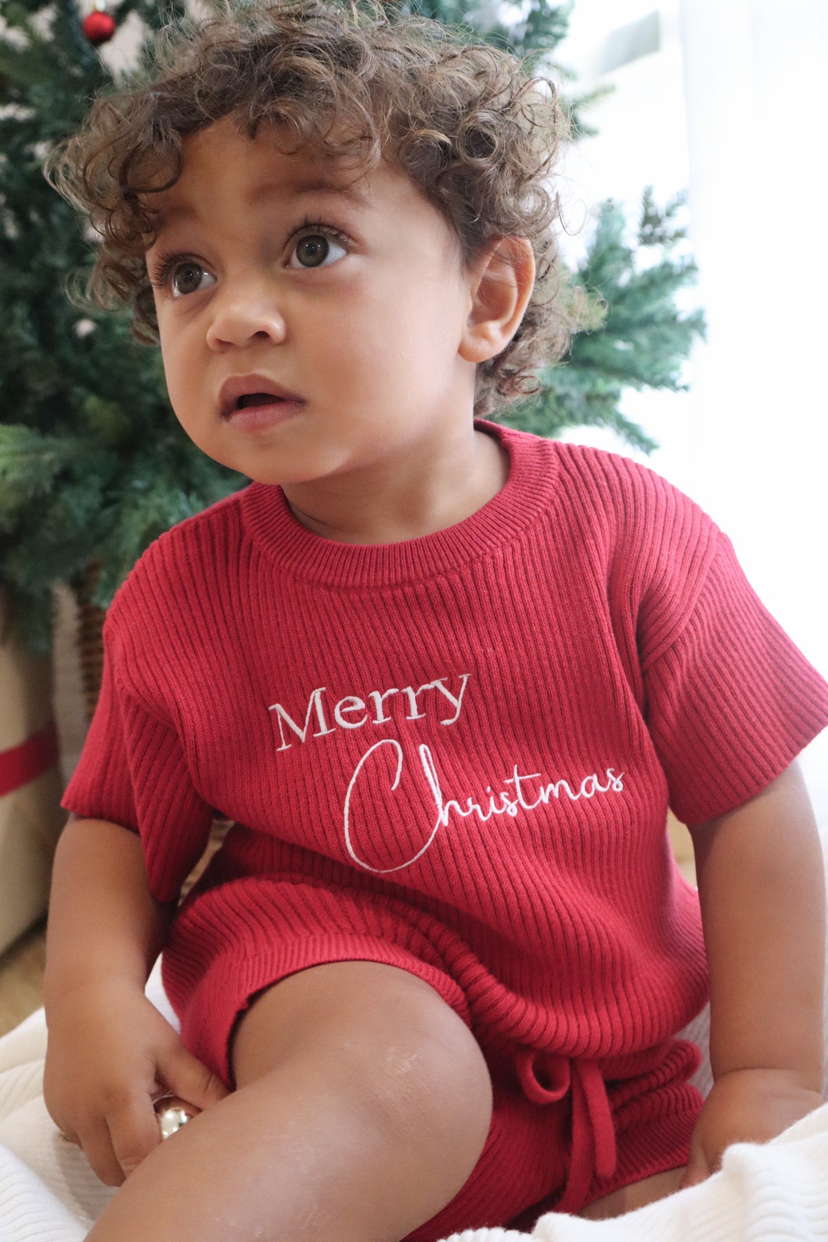 My First Christmas - Fine Rib Shirt and Shorts Set - Red