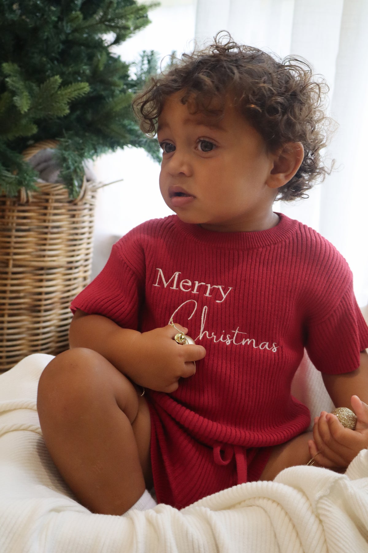 My First Christmas - Fine Rib Shirt and Shorts Set - Red