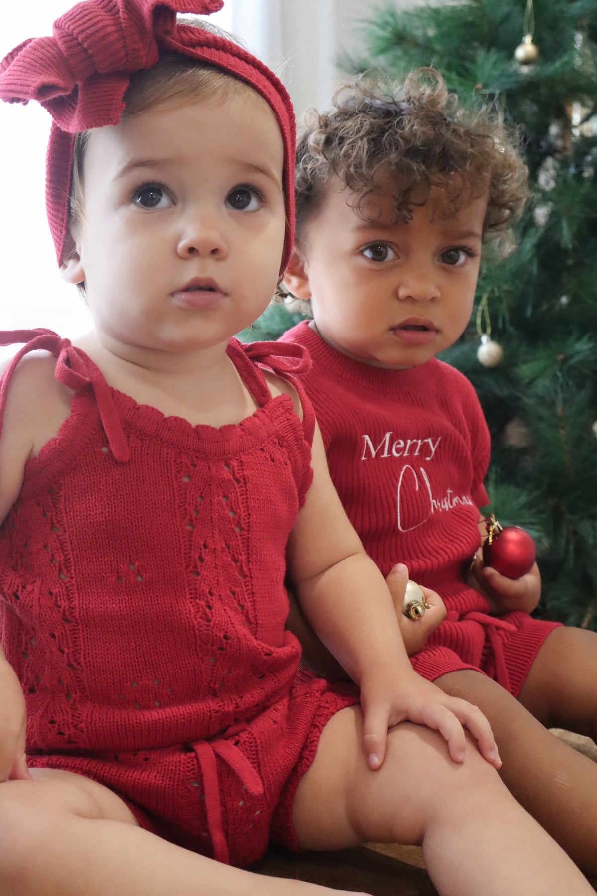Knitted Cotton Pointelle Set – Red