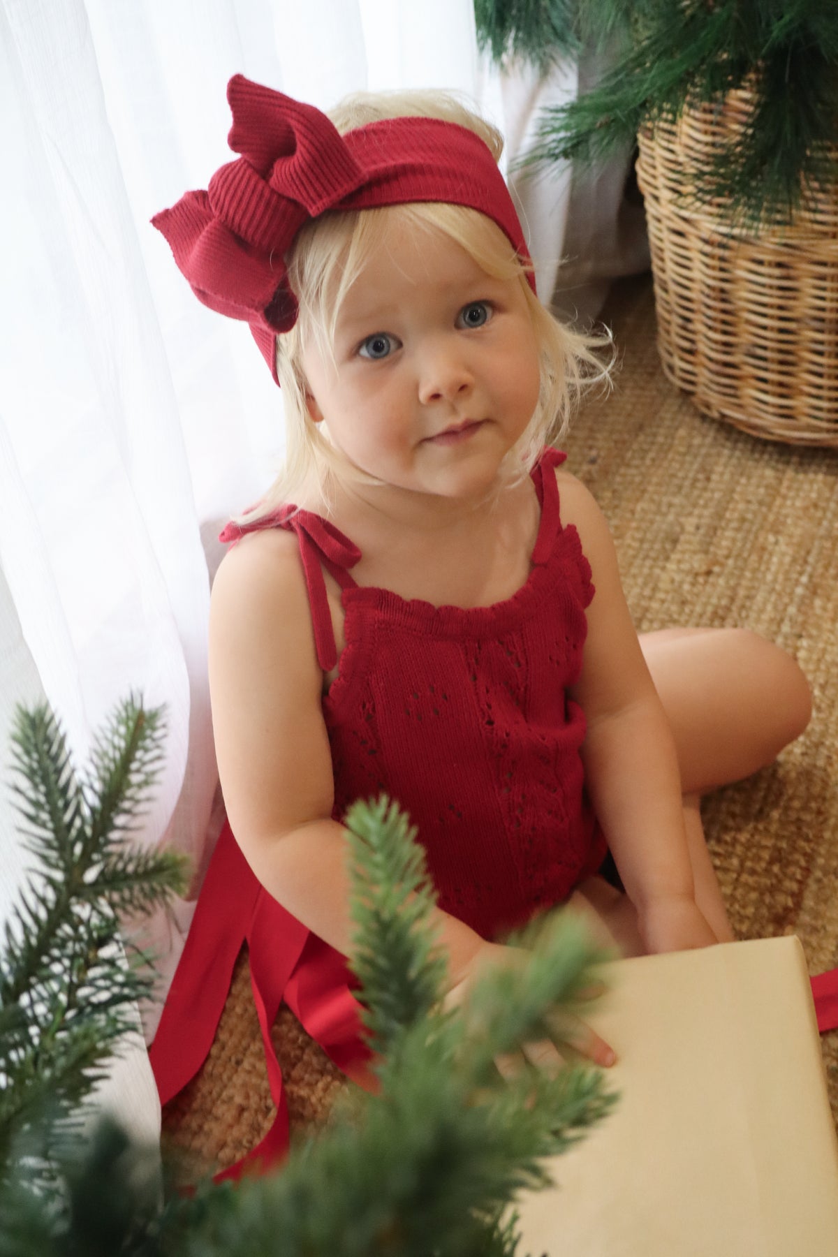 Knitted Cotton Fine Rib Bow - Red