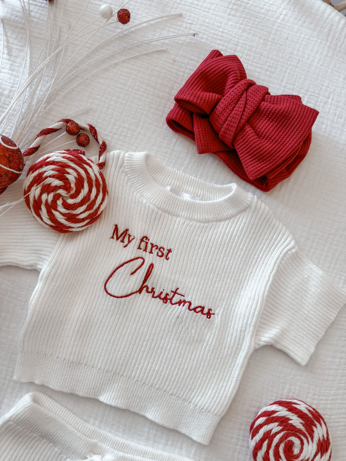 Little B's My First Christmas Fine Rib Shirt Set with red bow and candy cane decorations