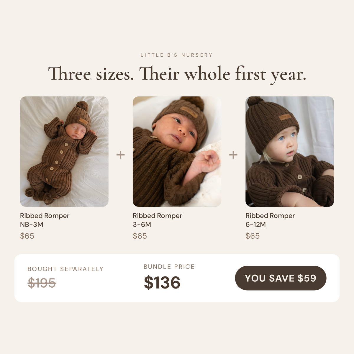 First Year Romper Trio | NB–3M, 3–6M & 6–12M - bundle contents and savings