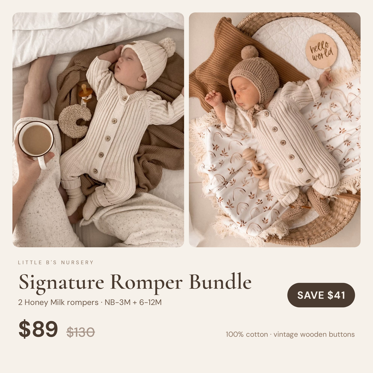 Honey Milk Romper Duo | NB–3M + 6–12M - bundle overview