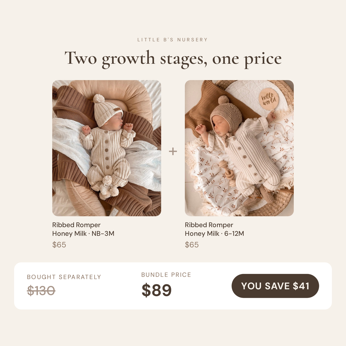 Honey Milk Romper Duo | NB–3M + 6–12M - bundle contents and savings