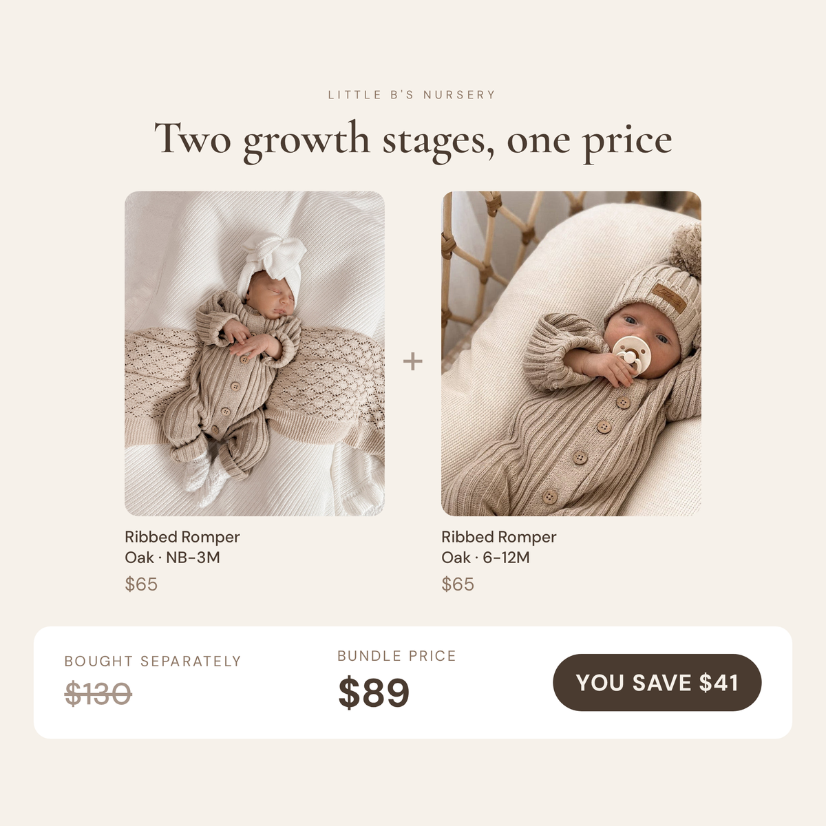 Oak Romper Duo | NB–3M + 6–12M - bundle contents and savings