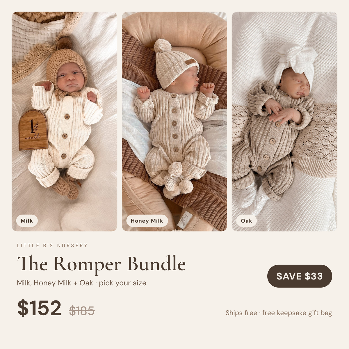 Signature Romper Trio | Milk, Honey Milk & Oak