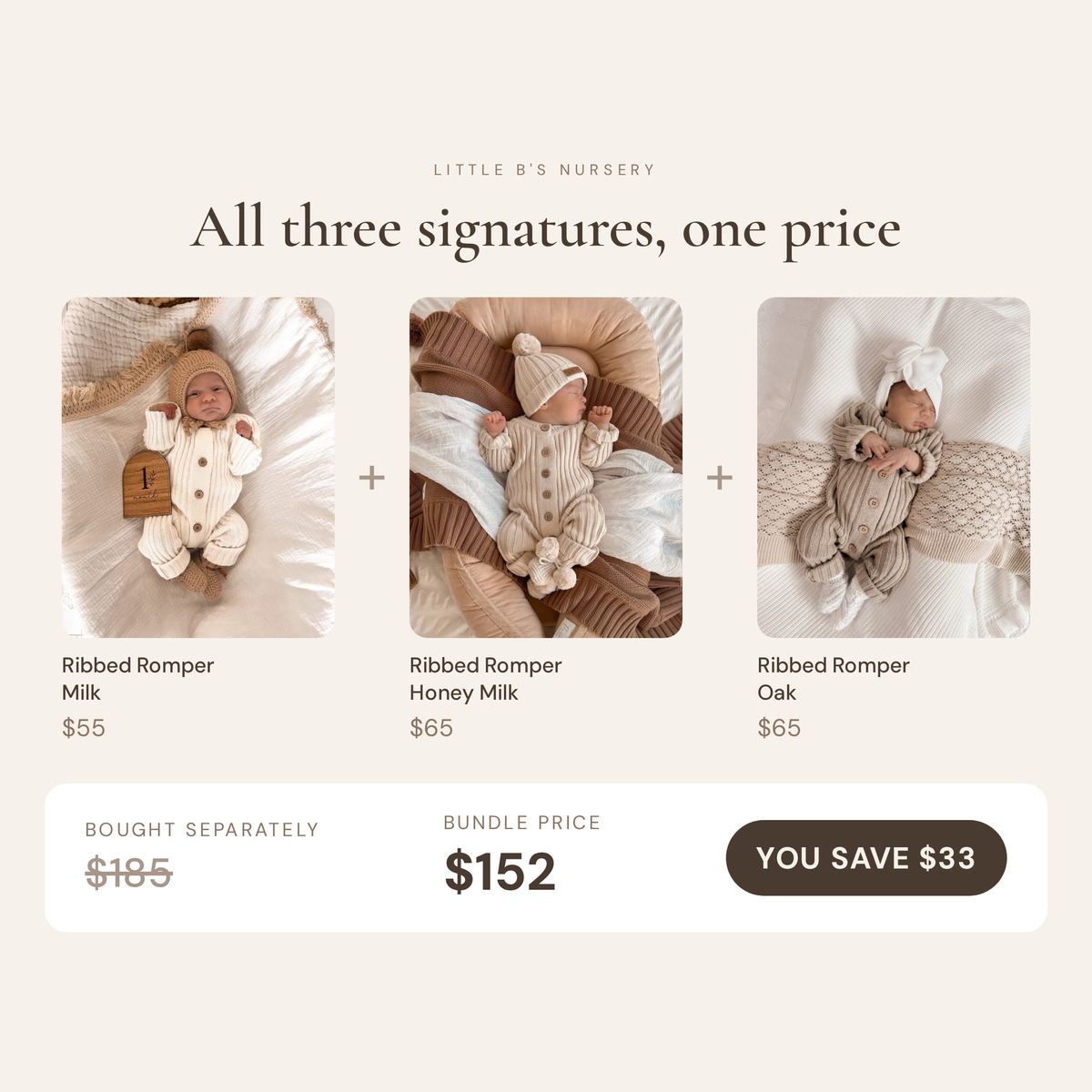Signature Romper Trio | Milk, Honey Milk & Oak