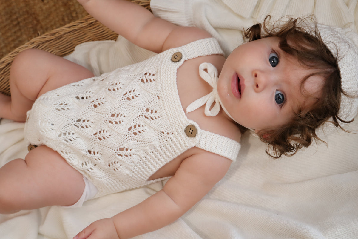 Knitted Cotton Sleeveless Woodlands Romper - Milk