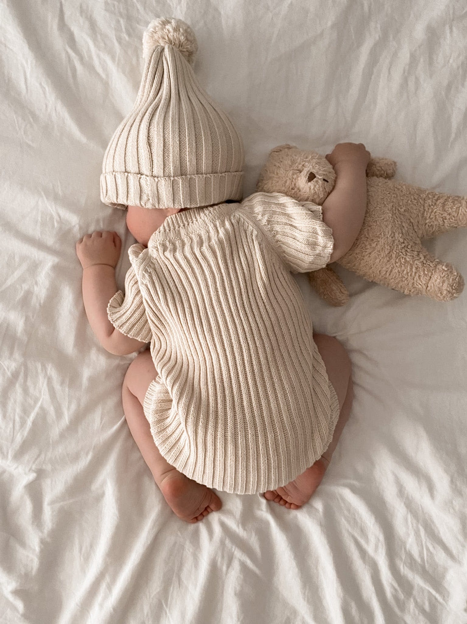 Knitted Cotton Short Ribbed Romper - Honey Milk